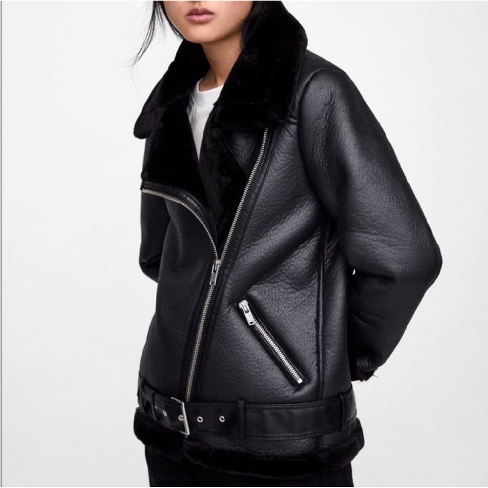 ZARA BLACK FAUX LEATHER SHEARLING FUR DOUBLE FACED BIKER JACKET AVIATOR COAT